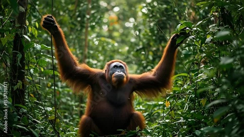 Adult Orangutan Climbing Through Lush Green Jungle