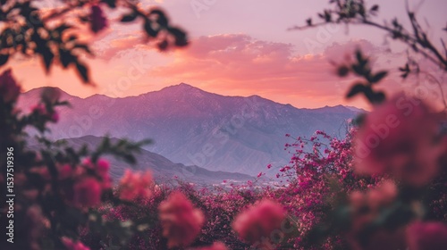 Sunset View of Pink Flowers and Distant Mountains in the Evening Sky
