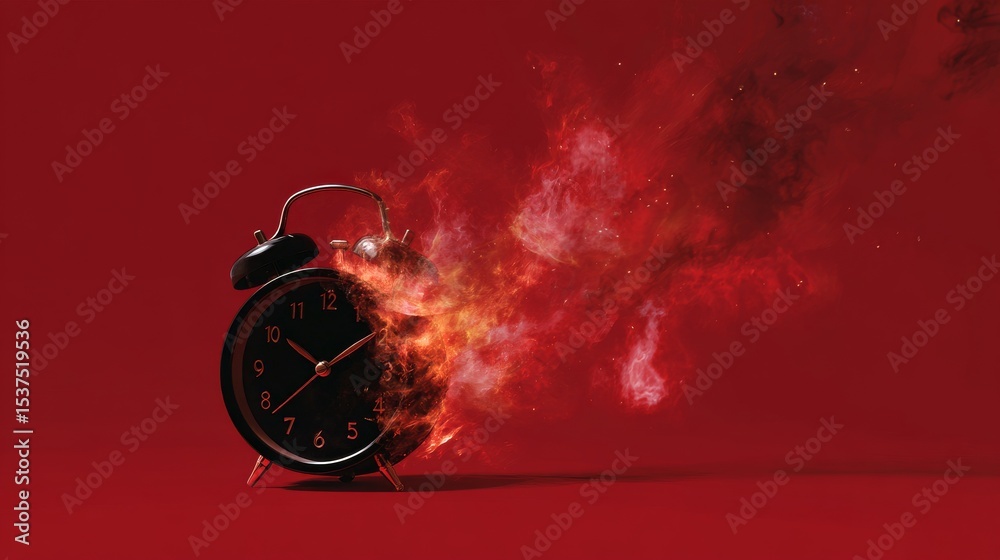 Fototapeta premium Clock Bursts Into Flames Against a Red Background Conveying Urgency and the Passage of Time