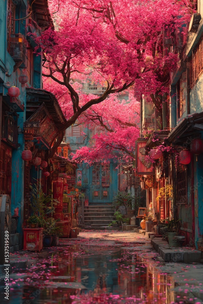 Fototapeta premium Vibrant Cherry Blossom in Traditional Alleyway During Springtime in an Old Town.