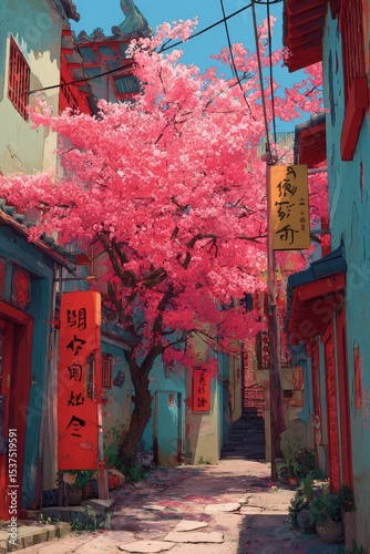 Vibrant Cherry Blossom in Traditional Alleyway During Springtime in an Old Town
