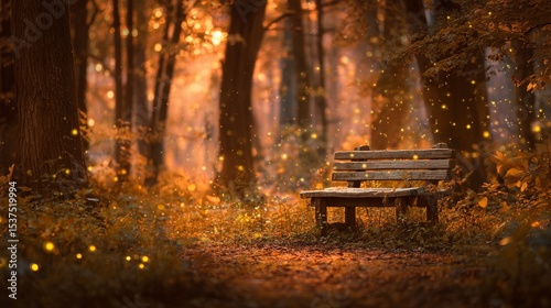 Golden Autumn Glow and a Wooden Bench in a Serene Forest Setting During Twili...