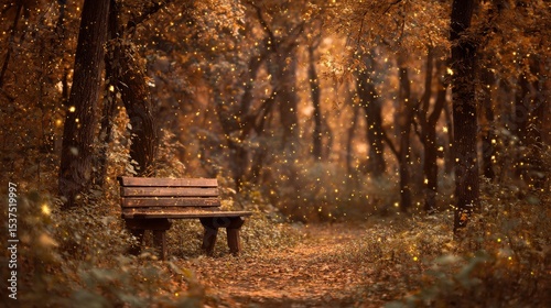 Beautiful Autumn Forest With a Wooden Bench Surrounded by Golden Leaves and S...