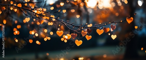 Heart-shaped Decorations Hang From Tree Branches in a Serene Autumn Setting D...