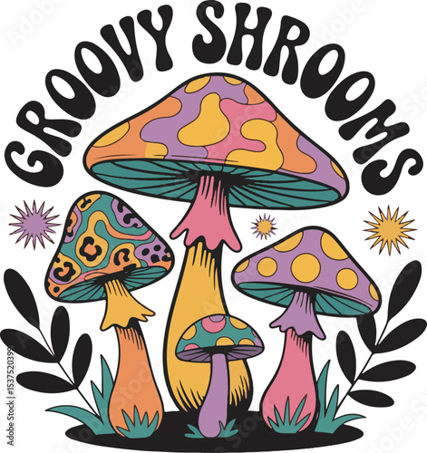 Groovy Mushrooms Retro 70s Style Psychedelic Fungi Art