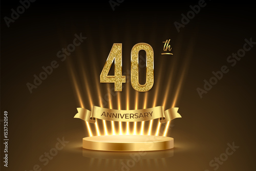 Fortieth anniversary gold award podium. 40 years celebration birthday or jubilee golden vector background. Luxury stage with glowing rays, glittering number 40, ribbon with text anniversary on black.