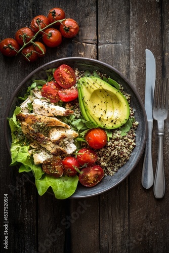 Fresh Salad With Grilled Chicken, Quinoa, and Avocados on a Rustic Wooden Table