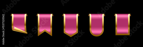Pink ribbons with golden frame set. Sales promotion tags, banners, labels, stickers isolated on black for online shopping, promotion, discount, best seller product. 3d realistic vector illustration.