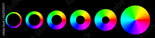 Color spectrum rings. Set of six circular gradients showing full RGB color wheel with varying inner radius. Colorful hue wheels on black background. Vector illustration.