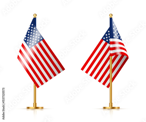 Two American flags on metal golden stick. Mini flags of United States of America on gold pole. Flagpoles on vertical stand, isolated desktop flagstaff. 3D realistic vector illustration.