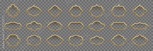 Golden Islam Ramadan frames. Vintage Arabian, Indian, Turkish decorative shapes isolated on transparent. Ornamental border set with classic arabesque shapes. Realistic vector illustrations collection.