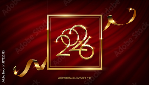 2026 Happy New Year greeting card vector illustration. Festive Christmas social media banner. Golden numbers and frame on luxurious red curtain background with festive ribbon and sparkles.