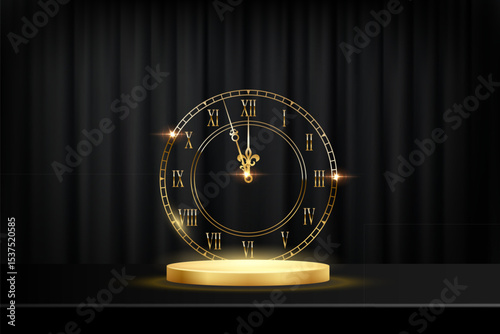 Happy New Year greeting card vector background. Gold clock face with midnight time, glow light effects and golden podium on black curtains backdrop. Luxury festive horizontal banner, poster, card.
