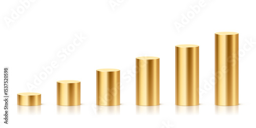 Golden metallic cylindrical podiums in ascending height. Minimalist 3D columns for ranking, data visualization, infographics, or product display. Realistic vector illustration.