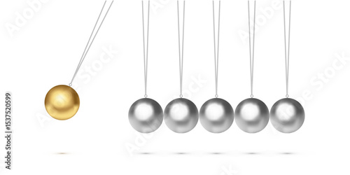 Newton cradle with balancing pendulum of hanging metal silver and one golden balls. Classic physics demonstration of momentum and energy transfer. 3d realistic vector illustration.