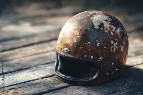 A weathered motorcycle helmet, showing wear and tear, sits on a rustic wooden surface, evoking a sense of vintage adventure.