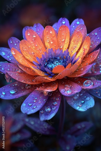 Beautiful Orange and Blue Flower With Water Droplets in a Serene Pond Environ...
