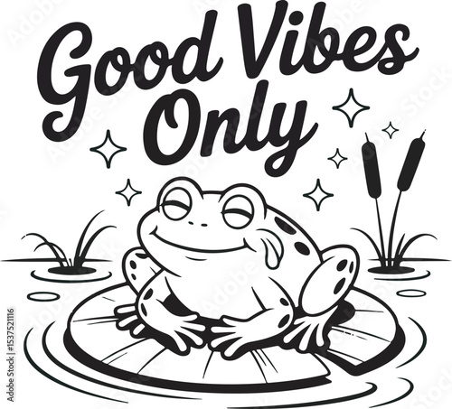 Happy Frog Lily Pad Good Vibes Only Black Illustration