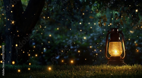 Warm Glow of Lantern Attracting Fireflies in a Serene Garden at Night