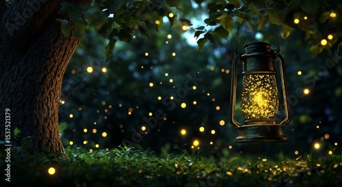 Warm Glow of Lantern Attracting Fireflies in a Serene Garden at Night.