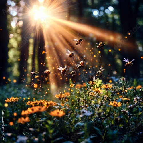 Bees Pollinate Colorful Flowers in a Sunlit Forest During Early Morning Hours