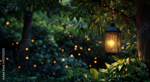 Lantern Illuminates a Mystical Forest Filled With Twinkling Lights at Dusk.
