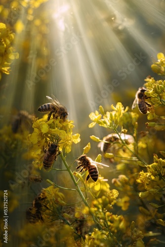 Bees Pollinating Vibrant Yellow Flowers in a Sunlit Forest Environment With S...