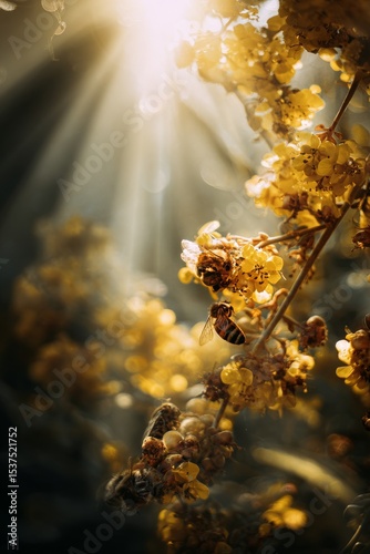 Bright Sunlight Filters Through Blooming Yellow Flowers Attracting Busy Bees ...
