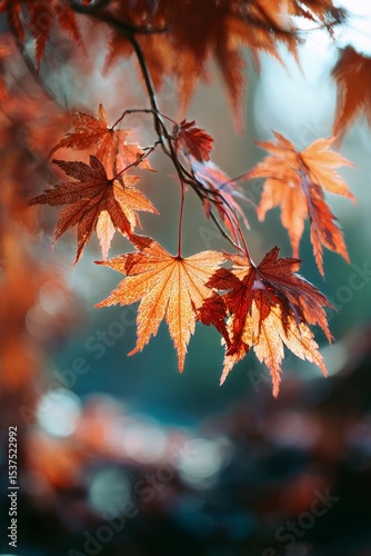 Autumn Leaves Glow in Warm Light Showcasing Vibrant Colors in a Forest Settin...