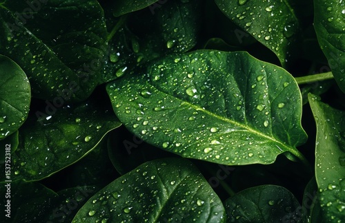 Fresh Green Spinach Leaves Glistening With Water Droplets After Recent Rain.