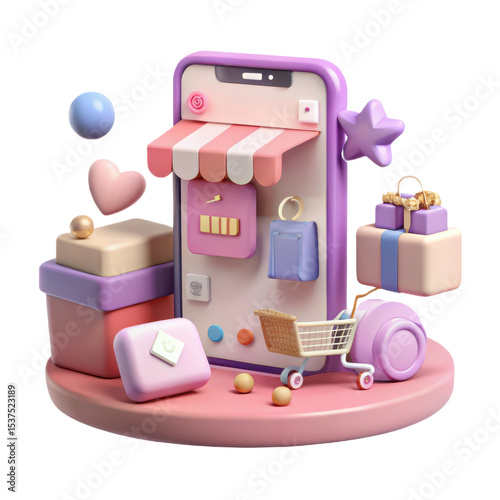 Online shopping concept with smartphone isolated on transparent background