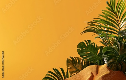 Vibrant Tropical Plants Against a Warm Yellow Background in a Bright Indoor S...