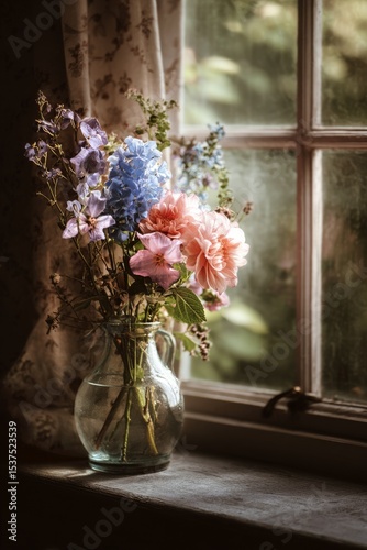Colorful Flower Arrangement in Glass Vases With Sunlight Streaming in Through...