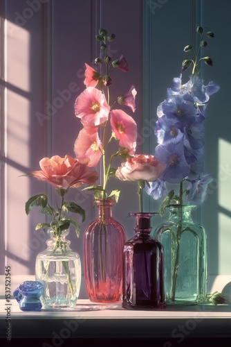 Colorful Flower Arrangement in Glass Vases With Sunlight Streaming in Through...