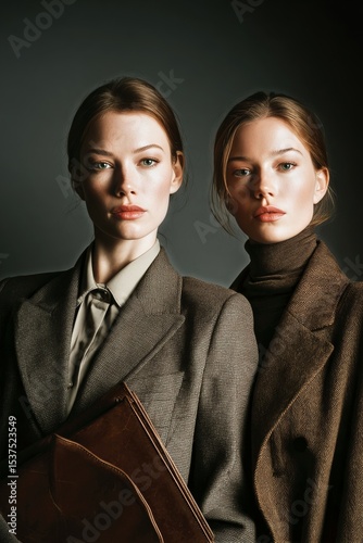 Two Women in Stylish Business Attire Pose Elegantly Against a Dark Background...