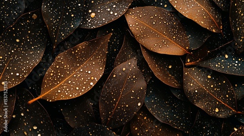 Close up of Nourishing Raindrops on Dark Brown Leaves in a Lush Forest Setting