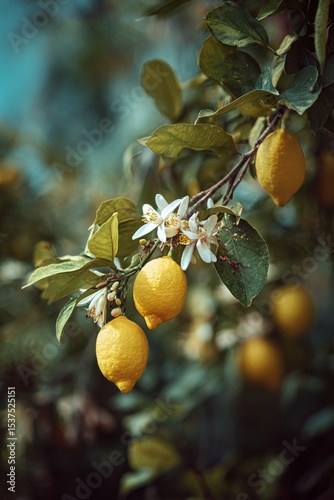 Lemon Tree Branch With Ripe Fruit and Blossoms Against a Blurred Background i...