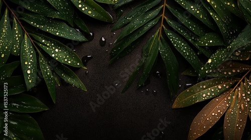 Close up of Nourishing Raindrops on Dark Brown Leaves in a Lush Forest Setting.