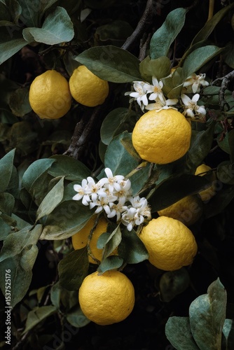 Lemon Tree Branch With Ripe Fruit and Blossoms Against a Blurred Background i...