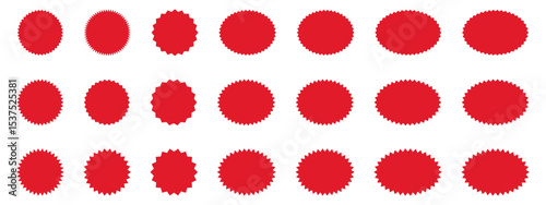 Starburst red sticker set - collection of special offer sale round and oval sunburst labels and buttons. Stickers and badges with star edges for promo advertising.