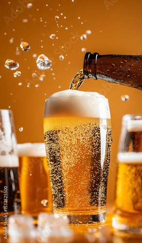 Pouring Golden Beer Into a Glass With Bubbles on a Bright Orange Background.