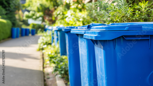 Row of blue recycling bins lined up on a sunny residential sidewalk.
