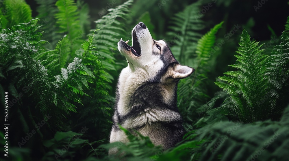 Obraz premium Siberian Husky Howling Amidst Lush Green Ferns in a Forest at Dusk.