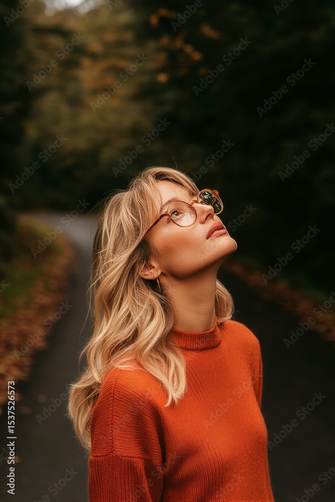 Naklejka premium Young Girl Gazes Upward on a Forest Path During Autumn in a Cozy Sweater.