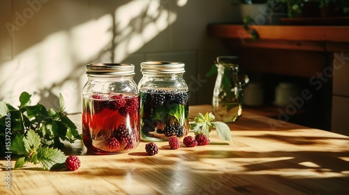 Glass Jars Filled With Fresh Berries and Mint Sit on a Kitchen Floor Illumina...
