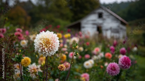 Colorful Flowers Bloom in a Serene Garden Near an Old Rustic Building During ...