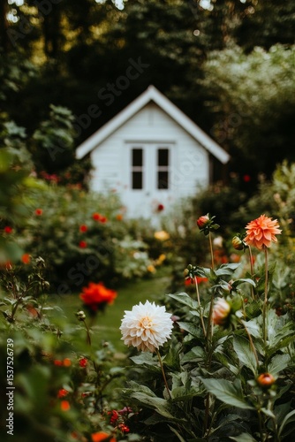 Charming White Cottage Nestled Among Vibrant Flowers in a Lush Garden During ...
