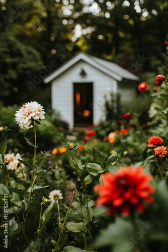 Charming White Cottage Nestled Among Vibrant Flowers in a Lush Garden During ...
