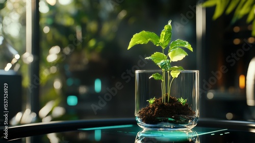 Green Plant Growing in Glass Container With Bright Background and Natural Lig...