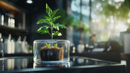 New Plant Growth in Glass Container on Table Inside a Bright Indoor Garden Du...